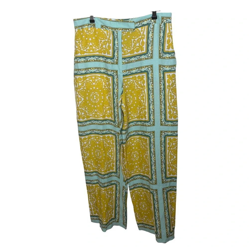 Zara Medallion Tile Print Wide Leg Linen Blend Pants Yellow Teal XL